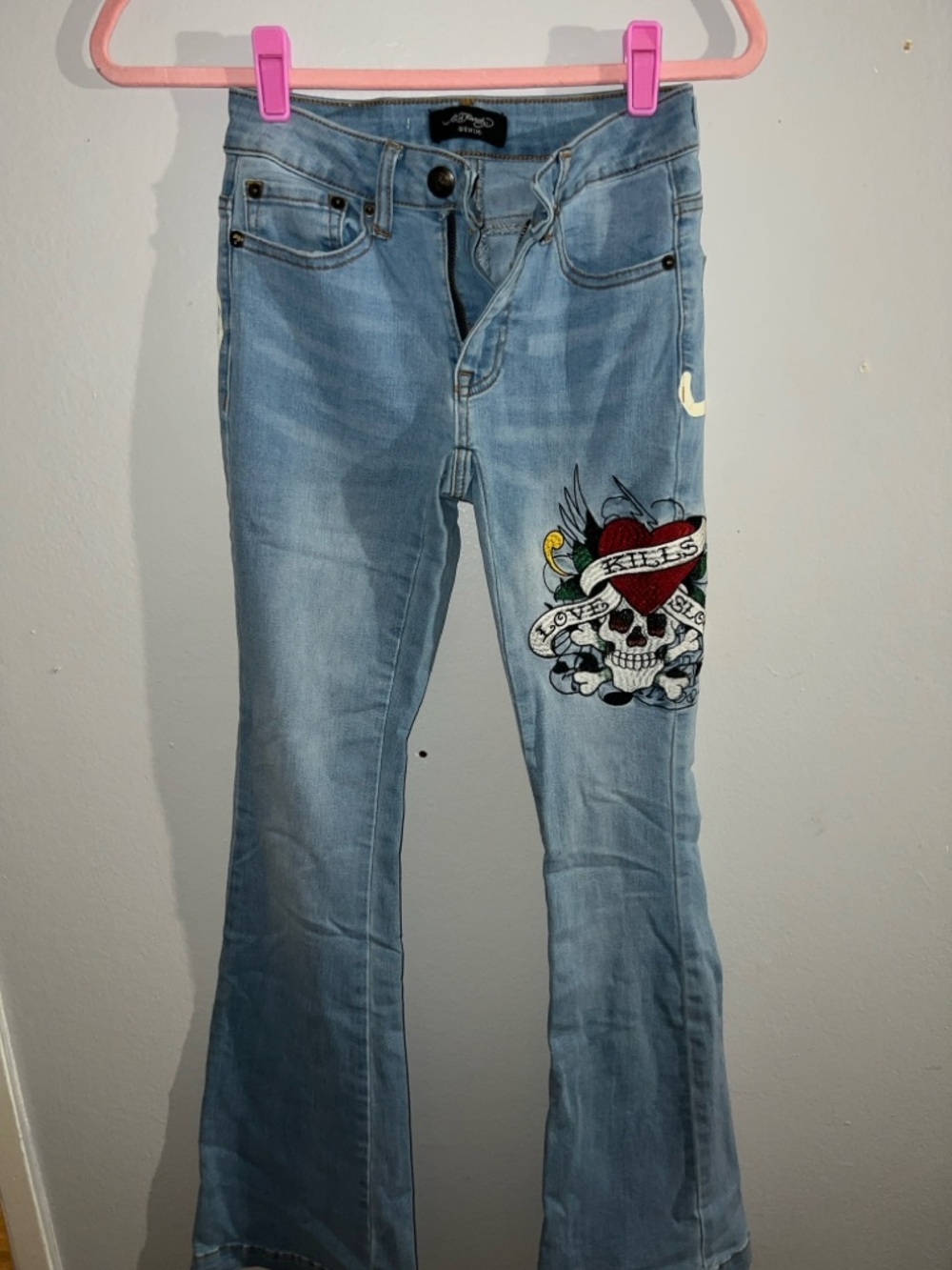 Ed Hardy Light Blue Flare Jeans with Skull & Heart Embroidery